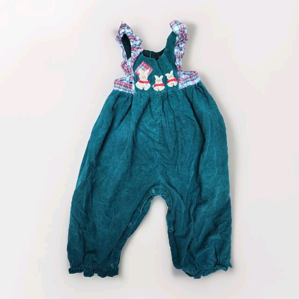 Vintage Baby Corduroy Romper Plaid Bunnies Green And Red Size 18 Months